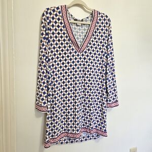 La Blanca Multicolor Geometric Long Sleeve Deep V Swim Cover Up Tunic Dress XL